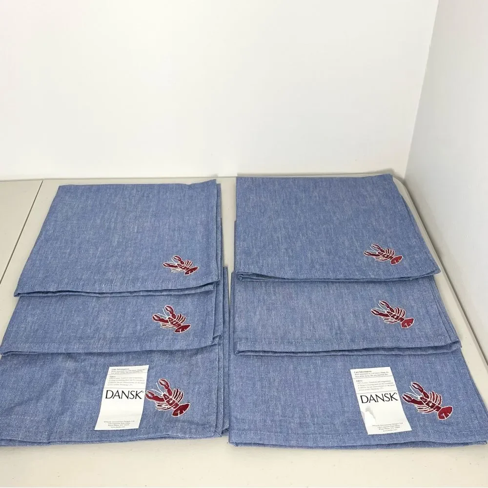 New Set of 6 Dansk Denim Lobster Embroidered Cloth Napkins